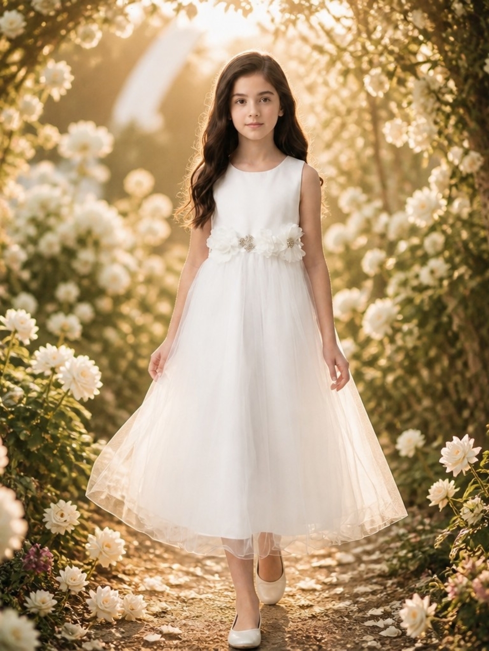 Ivory Floral-Belt Girls' Formal Tulle Dress Flower Girl